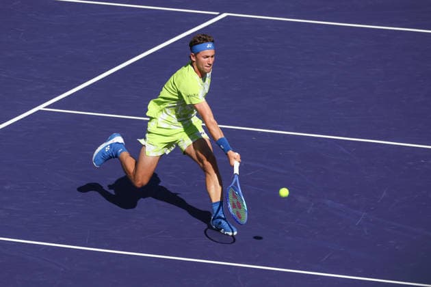 INDIAN WELLS, CA - MARCH 11: Casper Ruud (NOR) hits a forehand during the BNP Paribas Open on March 11, 2026 at Indian Wells Tennis Garden in Indian Wells, CA. (Photo by George Walker Icon Sportswire) TENNIS: MAR 11 BNP Paribas Open EDITORIAL USE ONLY Icon260311082