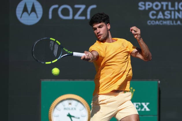 INDIAN WELLS, CA - MARCH 11: Carlos Alcaraz (ESP) hits a forehand during the BNP Paribas Open on March 11, 2026 at Indian Wells Tennis Garden in Indian Wells, CA. (Photo by George Walker Icon Sportswire) TENNIS: MAR 11 BNP Paribas Open EDITORIAL USE ONLY Icon260311087