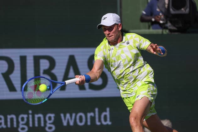 INDIAN WELLS, CA - MARCH 11: Casper Ruud (NOR) hits a forehand during the BNP Paribas Open on March 11, 2026 at Indian Wells Tennis Garden in Indian Wells, CA. (Photo by George Walker Icon Sportswire) TENNIS: MAR 11 BNP Paribas Open EDITORIAL USE ONLY Icon260311113