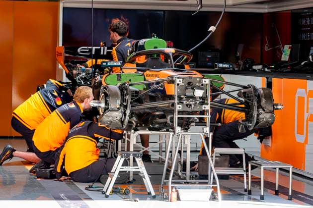 SHANGHAI ï¿½ Mechanics work on the car of Formula 1 driver Oscar Piastri of the McLaren Mastercard Formula 1 Team during the Formula 1 China Shanghai media day at the Shanghai International Circuit on March 12, 2025 in Shanghai, China Photo by DeFodi Images