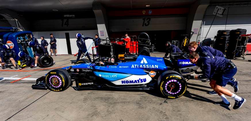 SHANGHAI Mechanics make a pit stop with the car of Formula 1 driver Carlos Sainz of Atlassian Williams F1 Team during the Formula 1 China Shanghai media day at the Shanghai International Circuit on March 12, 2025 in Shanghai, China Photo by DeFodi Images