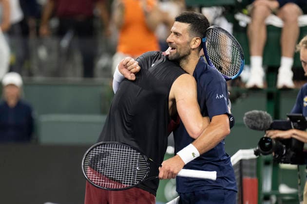 March 11, 2026, Indian Wells, California, USA: JACK DRAPER of Great Britain gives NOVAK DJOKOVIC of Serbia an emotional hug after winning their round of 16 match at the BNP Paribas Open at Indian Wells Tennis Garden on March 11, 2026 in Indian Wells, CA. Indian Wells USA - ZUMAl140 20260311_aap_l140_021 Copyright: xShelleyxLiptonx