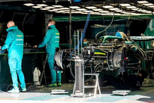 SHANGHAI Mechanics work on the car of Formula 1 driver Fernando Alonso of Aston Martin Aramco Formula 1 Team during the Formula 1 China Shanghai media day at the Shanghai International Circuit on March 12, 2025 in Shanghai, China Photo by DeFodi Images