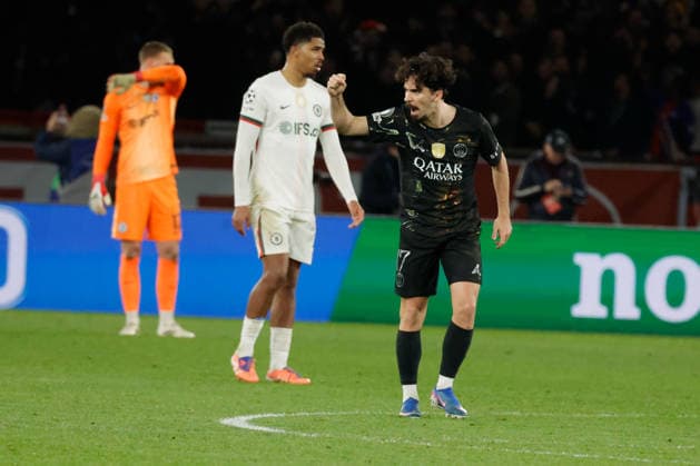 (260312) -- PARIS, March 12, 2026 -- Vitinha (R) of Paris Saint-Germain celebrates scoring during the UEFA Champions League round of 16 first leg match between Paris Saint-Germain (PSG) and Chelsea in Paris, France, March 11, 2026. (Photo by Xinhua) (SP)FRANCE-PARIS-FOOTBALL-UEFA CHAMPIONS LEAGUE-PSG VS CHELSEA HenrixSzwarc 