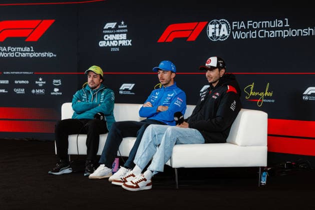 Formula 1 Chinese Grand Prix 2026 Esteban Ocon (TGR Haas F1 Team, 31), Pierre Gasly (BWT Alpine F1 Team, 10) and 14Fernando Alonso (Aston Martin Aramco Formula One Team, 14) at the press conference, PK, Pressekonferenz on media day at the Chinese GP 2026 12 03 2026