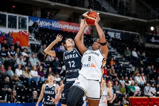 Basketball Villeurbanne 11 03 2026 Wommen™s Basketball World Cup 2026 Qualifying Tournament Germany GER South Korea KOR Nyara Sabally Germany, No 08 Haeran Lee Korea, No 12