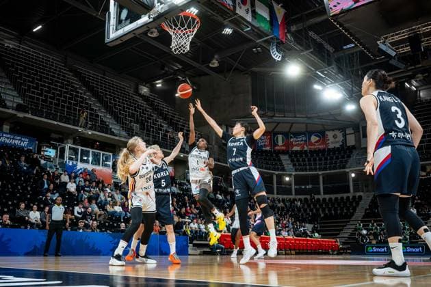 Basketball Villeurbanne 11 03 2026 Wommen™s Basketball World Cup 2026 Qualifying Tournament Germany GER South Korea KOR Alexis Peterson Germany, No 01 Jisu Park Korea, No 07