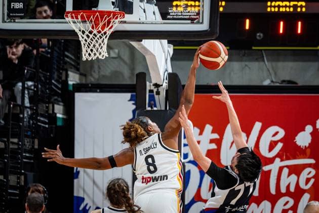Basketball Villeurbanne 11 03 2026 Wommen™s Basketball World Cup 2026 Qualifying Tournament Germany GER South Korea KOR Nyara Sabally Germany, No 08 Block An Jin Korea, No 77