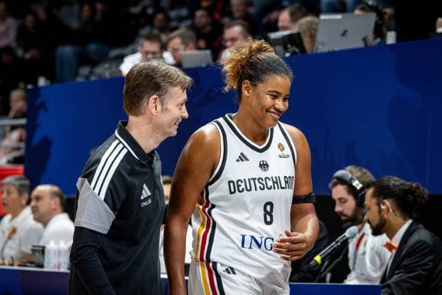 Basketball Villeurbanne 11 03 2026 Wommen™s Basketball World Cup 2026 Qualifying Tournament Germany GER South Korea KOR Olaf Lange Germany, Coach Nyara Sabally Germany, No 08