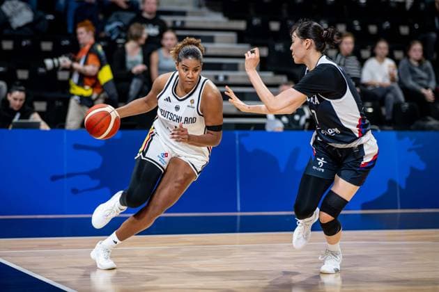 Basketball Villeurbanne 11 03 2026 Wommen™s Basketball World Cup 2026 Qualifying Tournament Germany GER South Korea KOR Nyara Sabally Germany, No 08 Jisu Park Korea, No 07