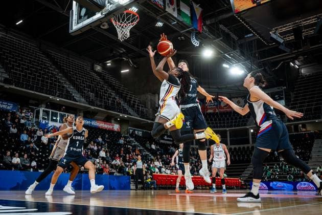 Basketball Villeurbanne 11 03 2026 Wommen™s Basketball World Cup 2026 Qualifying Tournament Germany GER South Korea KOR Alexis Peterson Germany, No 01 Jisu Park Korea, No 07