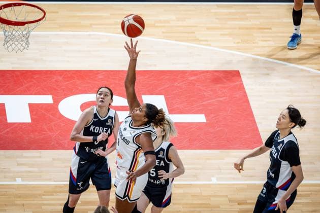 Basketball Villeurbanne 11 03 2026 Wommen™s Basketball World Cup 2026 Qualifying Tournament Germany GER South Korea KOR Nyara Sabally Germany, No 08 Heji An Korea, No 05 Isaem Choi Korea, No 06