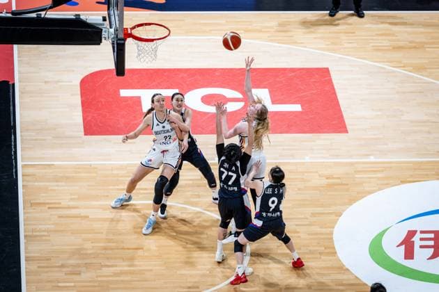 Basketball Villeurbanne 11 03 2026 Wommen™s Basketball World Cup 2026 Qualifying Tournament Germany GER South Korea KOR Frida Bühner Germany, No 20 An Jin Korea, No 77