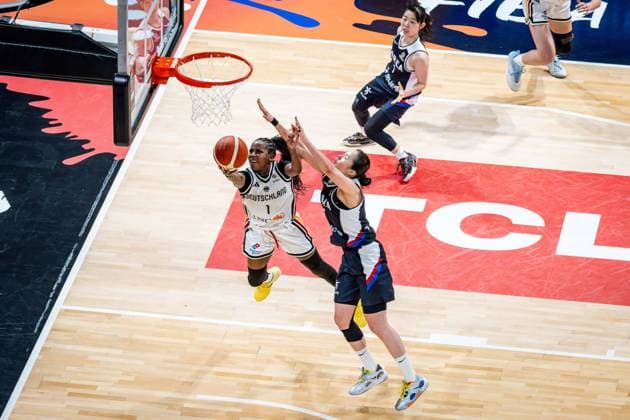 Basketball Villeurbanne 11 03 2026 Wommen™s Basketball World Cup 2026 Qualifying Tournament Germany GER South Korea KOR Alexis Peterson Germany, No 01 Jisu Park Korea, No 07
