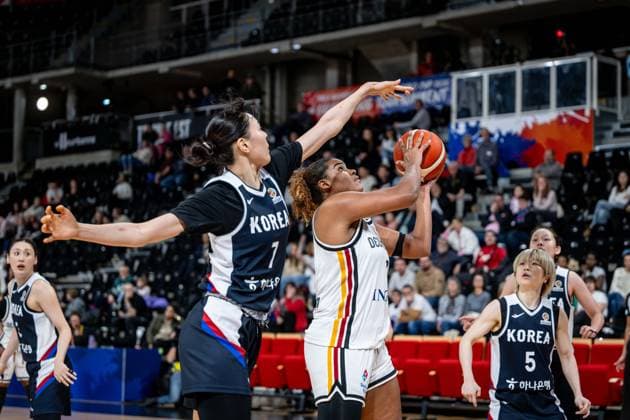 Basketball Villeurbanne 11 03 2026 Wommen™s Basketball World Cup 2026 Qualifying Tournament Germany GER South Korea KOR Nyara Sabally Germany, No 08 Jisu Park Korea, No 07
