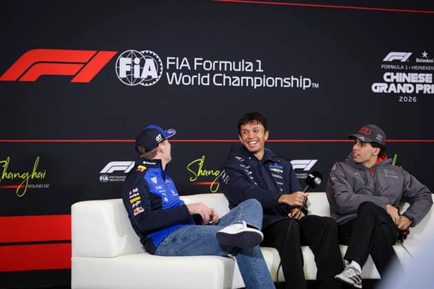 March 12, 2026, Shanghai, Shanghai, China: Oracle Red Bull Racing driver MAX VERSTAPPEN, Williams Racing driver ALEX ALBON, and Audi Formula One Team driver GABRIEL BORTOLETO share a light moment while chatting during the driversÃ¢â‚¬â ¢ press conference, PK, Pressekonferenz ahead of the Formula One Chinese Grand Prix at Shanghai International Circuit. Shanghai China - ZUMAh201 20260312_zsp_h201_022 Copyright: xYichinxHoux