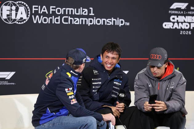 March 12, 2026, Shanghai, Shanghai, China: Audi Formula One Team driver GABRIEL BORTOLETO shares a funny story with Oracle Red Bull Racing driver MAX VERSTAPPEN and Williams Racing driver ALEX ALBON before the driversÃ¢â‚¬â ¢ press conference, PK, Pressekonferenz When asked by reporters if he could share the story, BORTOLETO replied Ã¢â‚¬oeno,Ã¢â‚¬Â drawing laughter from ALBON, ahead of the Formula One Chinese Grand Prix at Shanghai International Circuit. Shanghai China - ZUMAh201 20260312_zsp_h201_024 Copyright: xYichinxHoux