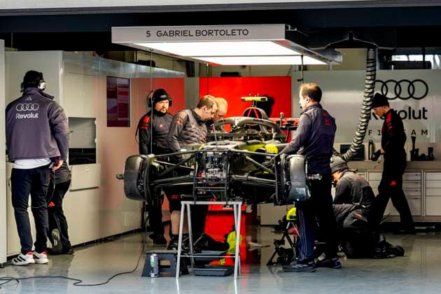 SHANGHAI ï¿½ Mechanics work on the car of Formula 1 driver Gabriel Bortoleto of the Audi Revolut F1 Team during the Formula 1 China Shanghai media day at the Shanghai International Circuit on March 12, 2025 in Shanghai, China Photo by DeFodi Images