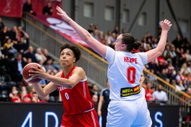 Denmark v North Macedonia, FIBA Women™s EuroBasket qualifiers, Gentofte, Denmark Gentofte, Denmark. 11th, March 2026. Julianna Okosun (0) of Denmark and Merritt Hempe (0) of North Macedonia seen during the FIBA Women™s Eurobasket qualifier match between Denmark and North Macedonia at Gentofte Hallen in Gentofte. Denmark, Gentofte  Copyright: xGonzalesxPhoto TobiasxJorgensenx