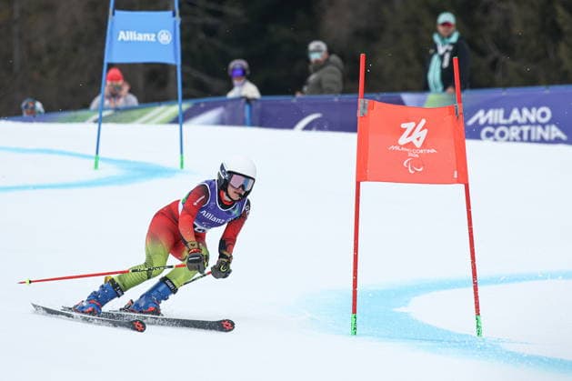 ITALY, CORTINA D AMPEZZO - MARCH 12, 2026: Maya Fuegenschuh of Germany competes in a women s para alpine skiing giant slalom standing event at the Tofane Alpine Skiing Centre during the 2026 Winter Paralympic Games, in Cortina d Ampezzo, Province of Belluno. Mikhail Tereshchenko TASS  89917788