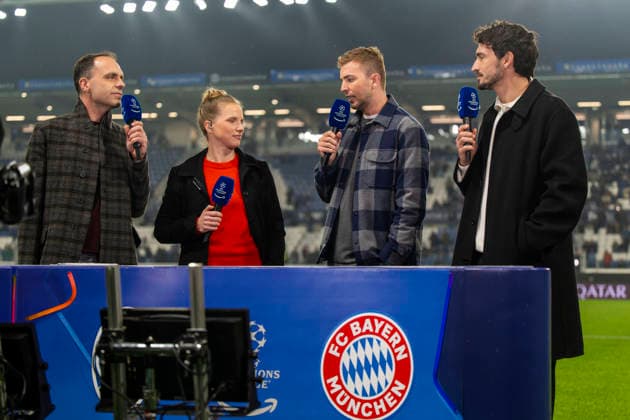 10 03 2026, Football UEFA Champions League 2025 2026 Round of 16, Atalanta Bergamo FC Bayern Munich, in the New Balance Arena Bergamo, Italy , experts at the TV microphone, from left Tabea Kemme, Christoph Kramer, Mats Hummels,
