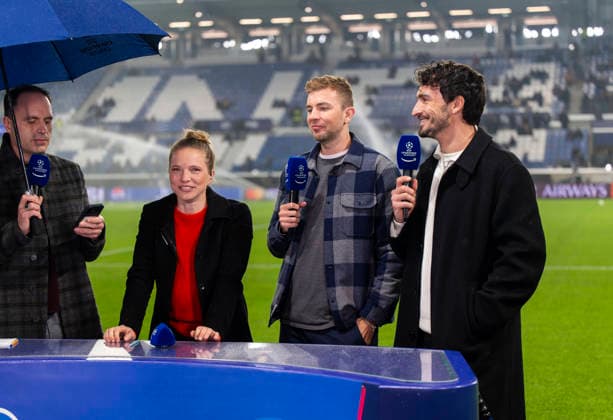 10 03 2026, Football UEFA Champions League 2025 2026 Round of 16, Atalanta Bergamo FC Bayern Munich, in the New Balance Arena Bergamo, Italy , experts at the TV microphone, from left Tabea Kemme, Christoph Kramer, Mats Hummels,