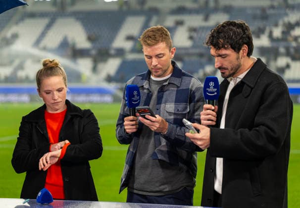 10 03 2026, Football UEFA Champions League 2025 2026 Round of 16, Atalanta Bergamo FC Bayern Munich, in the New Balance Arena Bergamo, Italy , experts at the TV microphone, from left Tabea Kemme, Christoph Kramer, Mats Hummels,