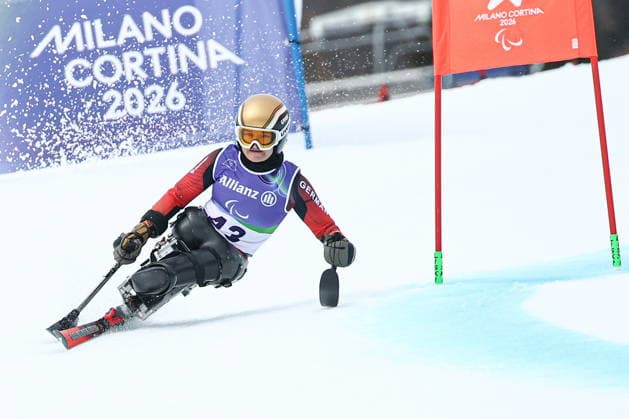 ITALY, CORTINA D AMPEZZO - MARCH 12, 2026: Anna-Lena Forster of Germany competes in a women s para alpine skiing giant slalom standing event at the Tofane Alpine Skiing Centre during the 2026 Winter Paralympic Games, in Cortina d Ampezzo, Province of Belluno. Mikhail Tereshchenko TASS  89918831