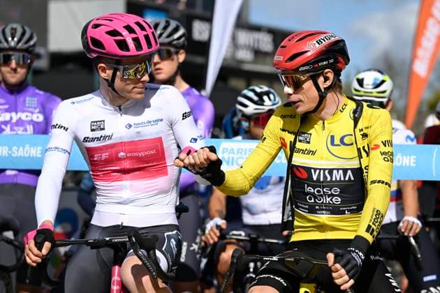 Paris Nice 2026 Stage 5 COLOMBIER-LE-VIEUX, FRANCE - MARCH 12 : Steinhauser Georg (GER) of EF Education - Easypost and Vingegaard Jonas (DEN) of Team Visma I Lease a Bike during stage 5 of the 84th edition of Paris - Nice an UCI World Tour 2.UWT cycling road race stage for Men Elite of 205.4 km with start in Cormoranche-sur-Saone and finish in Colombier-le-Vieux on March 12, 2026 in Colombier-le-Vieux, France, 12 03 2026 ( Motordriver Guy De Vuyst - Colombier-le-Vieux France  Copyright: xNicoxVereeckenx