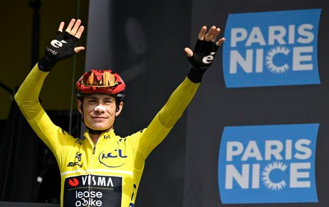 Paris Nice 2026 Stage 5 COLOMBIER-LE-VIEUX, FRANCE - MARCH 12 : Vingegaard Jonas (DEN) of Team Visma I Lease a Bike during stage 5 of the 84th edition of Paris - Nice an UCI World Tour 2.UWT cycling road race stage for Men Elite of 205.4 km with start in Cormoranche-sur-Saone and finish in Colombier-le-Vieux on March 12, 2026 in Colombier-le-Vieux, France, 12 03 2026 ( Motordriver Guy De Vuyst - Colombier-le-Vieux France  Copyright: xNicoxVereeckenx