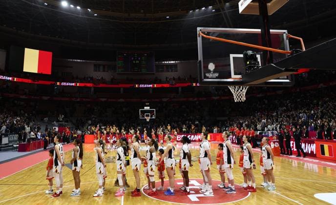 Belgian Cats players pictured at the start of a basket game between China and Belgium s national team, Nationalteam Belgian Cats, in Wuhan, China, on Thursday 12 March 2026, the second game (out of 5) of the qualifications phase for the World Cup Basket tournament. NIKOLAxKRSTIC  x167247005x