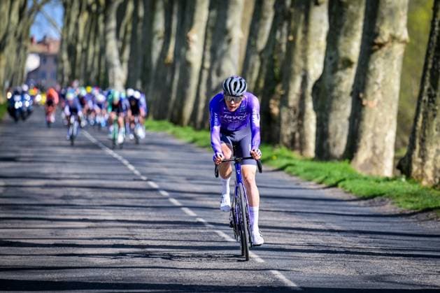 Team Jayco AIUIa rider pictured in action during the fifth stage of 84th edition of the Paris-Nice cycling race, a race from Cormoranche-sur-Saone to Colombier-le-Vieux (205,4km), on Thursday 12 March 2026. DAVIDxPINTENS  x167249240x