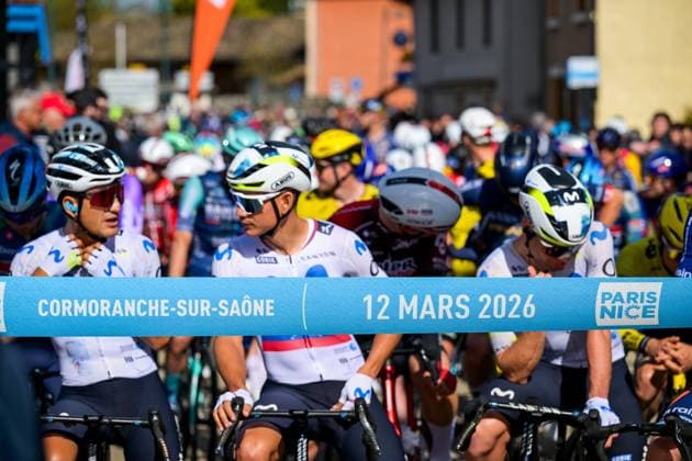pictured before the start of the fifth stage of 84th edition of the Paris-Nice cycling race, a race from Cormoranche-sur-Saone to Colombier-le-Vieux (205,4km), on Thursday 12 March 2026. DAVIDxPINTENS  x167249251x