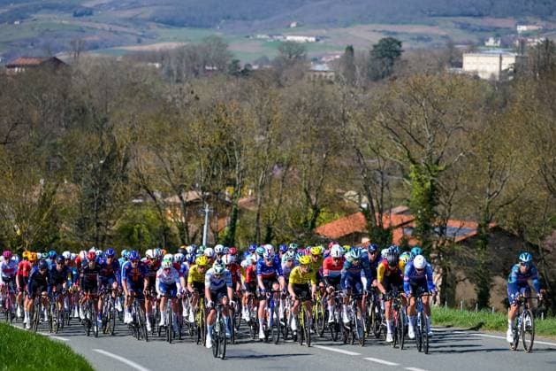 The pack of riders pictured in action during the fifth stage of 84th edition of the Paris-Nice cycling race, a race from Cormoranche-sur-Saone to Colombier-le-Vieux (205,4km), on Thursday 12 March 2026. DAVIDxPINTENS  x167249266x