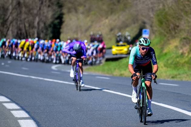 Swiss Stefan Bissegger of Decathlon CMA CGM Team pictured in action during the fifth stage of 84th edition of the Paris-Nice cycling race, a race from Cormoranche-sur-Saone to Colombier-le-Vieux (205,4km), on Thursday 12 March 2026. DAVIDxPINTENS  x167249270x