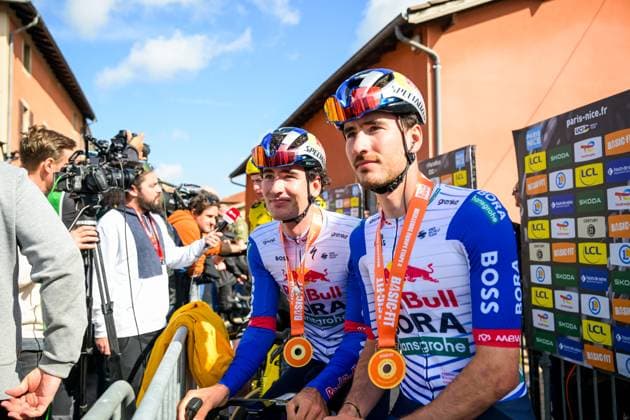 Dutch Tim van Dijke of Red Bull-BORA-hansgrohe and Dutch Mick van Dijke of Red Bull-BORA-hansgrohe pictured before the start of the fifth stage of 84th edition of the Paris-Nice cycling race, a race from Cormoranche-sur-Saone to Colombier-le-Vieux (205,4km), on Thursday 12 March 2026. DAVIDxPINTENS  x167249292x