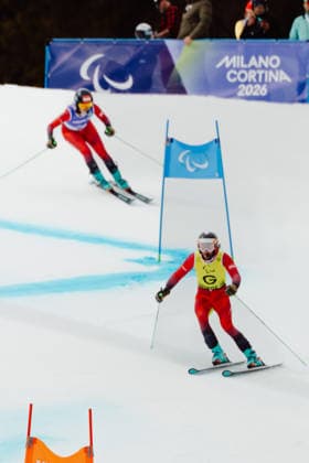 PARALYMPICS - Winter Paralympics Milano Cortina 2026 CORTINA D AMPEZZO,ITALY,12.MAR.26 - PARALYMPICS, ALPINE SKIING - Paralympic Winter games, Winterspiele,Spiele, Summer games Milano Cortina 2026, giant slalom, women. Image shows guide Eric Digruber und Veronika Aigner (AUT).  GEPAxpictures xMatthiasxTrinkl