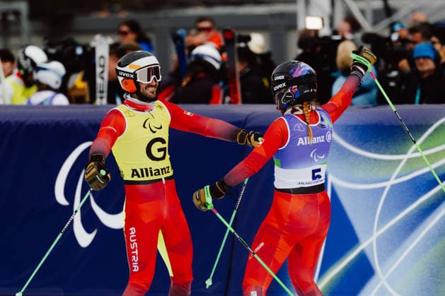 PARALYMPICS - Winter Paralympics Milano Cortina 2026 CORTINA D AMPEZZO,ITALY,12.MAR.26 - PARALYMPICS, ALPINE SKIING - Paralympic Winter games, Winterspiele,Spiele, Summer games Milano Cortina 2026, giant slalom, women. Image shows guide Eric Digruber und Veronika Aigner (AUT).  GEPAxpictures xMatthiasxTrinkl