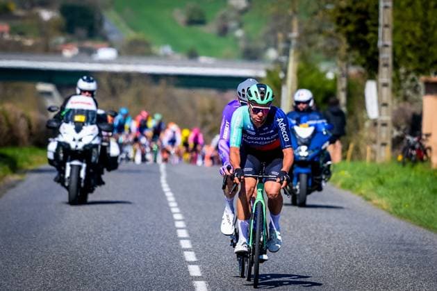 Swiss Jasha Sutterlin of Team Jayco AlUla and Swiss Stefan Bissegger of Decathlon CMA CGM Team pictured in action during the fifth stage of 84th edition of the Paris-Nice cycling race, a race from Cormoranche-sur-Saone to Colombier-le-Vieux (205,4km), on Thursday 12 March 2026. DAVIDxPINTENS  x167249720x