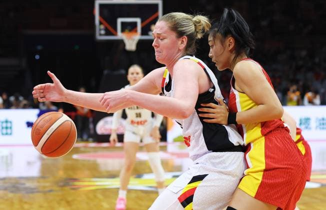 Belgium s Emma Meesseman fights for the ball during a basket game between China and Belgium s national team, Nationalteam Belgian Cats, in Wuhan, China, on Thursday 12 March 2026, the second game (out of 5) of the qualifications phase for the World Cup Basket tournament. NIKOLAxKRSTIC  x167250532x