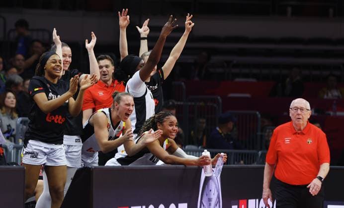 Belgian Cats players celebrate during a basket game between China and Belgium s national team, Nationalteam Belgian Cats, in Wuhan, China, on Thursday 12 March 2026, the second game (out of 5) of the qualifications phase for the World Cup Basket tournament. NIKOLAxKRSTIC  x167250548x
