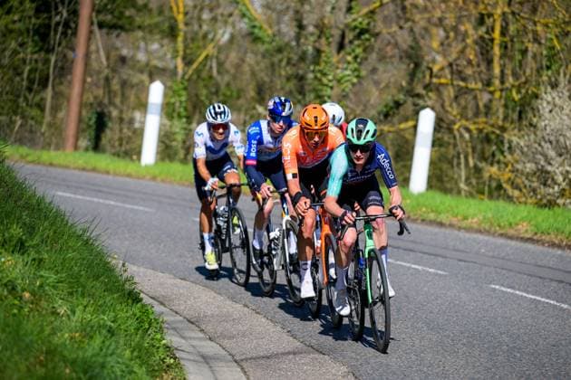 Ecuadorian Jefferson Cepeda of Movistar Team, Russian Aleksandr Vlasov of Red Bull-BORA-hansgrohe, British Joshua Tarling of INEOS Grenadiers and French Nicolas Prodhomme of Decathlon CMA CGM Team pictured in action during the fifth stage of 84th edition of the Paris-Nice cycling race, a race from Cormoranche-sur-Saone to Colombier-le-Vieux (205,4km), on Thursday 12 March 2026. DAVIDxPINTENS  x167253661x