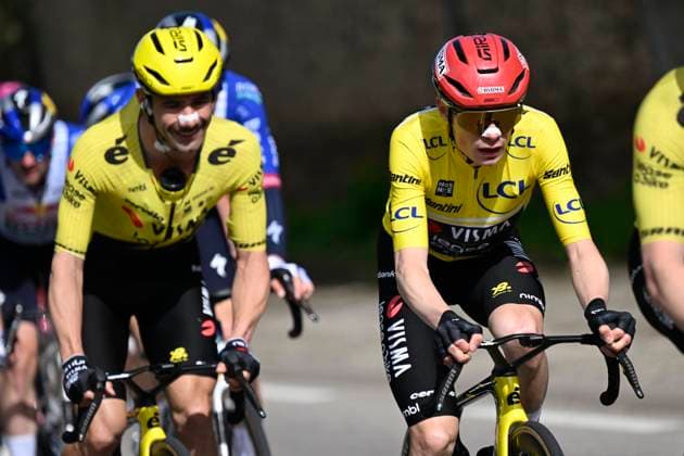 Paris Nice 2026 Stage 5 COLOMBIER-LE-VIEUX, FRANCE - MARCH 12 : Vingegaard Jonas (DEN) of Team Visma I Lease a Bike and Campenaerts Victor (BEL) of Team Visma I Lease a Bike during stage 5 of the 84th edition of Paris - Nice an UCI World Tour 2.UWT cycling road race stage for Men Elite of 205.4 km with start in Cormoranche-sur-Saone and finish in Colombier-le-Vieux on March 12, 2026 in Colombier-le-Vieux, France, 12 03 2026 ( Motordriver Guy De Vuyst - Colombier-le-Vieux France  Copyright: xNicoxVereeckenx