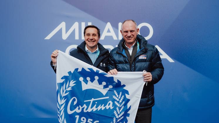 PARALYMPICS - Winter Paralympics Milano Cortina 2026 CORTINA D AMPEZZO,ITALY,12.MAR.26 - PARALYMPICS, ALPINE SKIING - Paralympic Winter games, Winterspiele,Spiele, Summer games Milano Cortina 2026, giant slalom, women. Image shows Gianluca Lorenzi (Cortina) and federal minister Gerhard Karner (AUT).  GEPAxpictures xAlexanderxSolc
