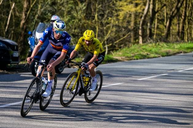 Spanish Ivan Romeo Abad of Movistar Team and Belgian Victor Campenaerts of Team Visma-Lease a Bike pictured in action during the fifth stage of 84th edition of the Paris-Nice cycling race, a race from Cormoranche-sur-Saone to Colombier-le-Vieux (205,4km), on Thursday 12 March 2026. DAVIDxPINTENS  x167255137x