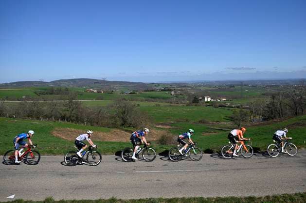 Paris Nice 2026 Stage 5 COLOMBIER-LE-VIEUX, FRANCE - MARCH 12 : Cepeda Jefferson Alveiro (ECU) of Movistar Team, Tarling Joshua (GBR) of INEOS Grenadiers, Prodhomme Nicolas (FRA) of Decathlon CMA CGM Team, Romeo Ivan (ESP) of Movistar Team, Milesi Lorenzo (ITA) of Movistar Team, Cavagna Remi (FRA) of Groupama - FDJ United during stage 5 of the 84th edition of Paris - Nice an UCI World Tour 2.UWT cycling road race stage for Men Elite of 205.4 km with start in Cormoranche-sur-Saone and finish in Colombier-le-Vieux on March 12, 2026 in Colombier-le-Vieux, France, 12 03 2026 ( Motordriver Guy De Vuyst - Colombier-le-Vieux France  Copyright: xNicoxVereeckenx