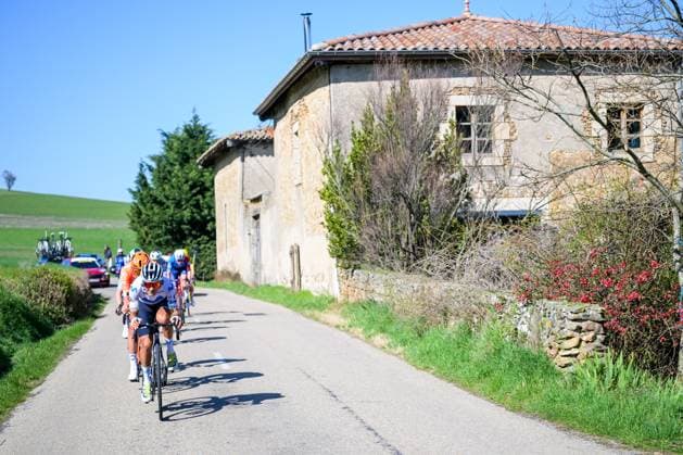 The breakaway group pictured during the fifth stage of 84th edition of the Paris-Nice cycling race, a race from Cormoranche-sur-Saone to Colombier-le-Vieux (205,4km), on Thursday 12 March 2026. DAVIDxPINTENS  x167257602x