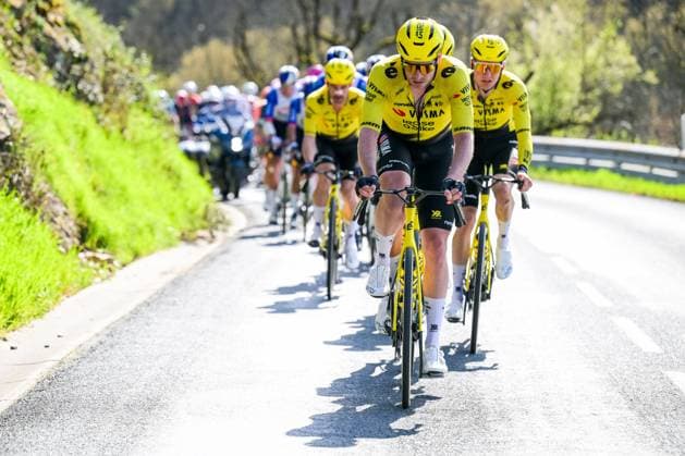 Team Visma-Lease a Bike riders pictured in action during the fifth stage of 84th edition of the Paris-Nice cycling race, a race from Cormoranche-sur-Saone to Colombier-le-Vieux (205,4km), on Thursday 12 March 2026. DAVIDxPINTENS  x167261509x