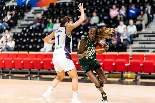 LYON-VILLEURBANNE, FRANCE - MARCH 12: Victoria Macaulay (Nigeria, 25) controls the ball against Jisu Park (Republic of Korea, 7) during the FIBA Women™s World Cup Qualifying Tournament match between Republic of Korea (KOR) vs. Nigeria (NGR) at Astroballe on matchday 2 of the FIBA Women™s World Cup Qualifying Tournament on March 12, 2026 in Lyon-Villeurbanne, France. France Copyright: xSteffiexWunderlx