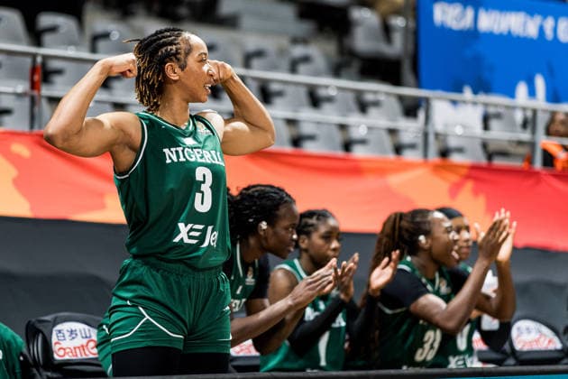 LYON-VILLEURBANNE, FRANCE - MARCH 12: Pallas Kunaiyi-Akpanah (Nigeria, 3) cheers on the bench during the FIBA Women™s World Cup Qualifying Tournament match between Republic of Korea (KOR) vs. Nigeria (NGR) at Astroballe on matchday 2 of the FIBA Women™s World Cup Qualifying Tournament on March 12, 2026 in Lyon-Villeurbanne, France. France Copyright: xSteffiexWunderlx